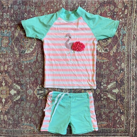 Girls size 8 Flamingo Swim Set - Pink and Teal Blue rash-guard with boy shorts - Picture 1 of 10